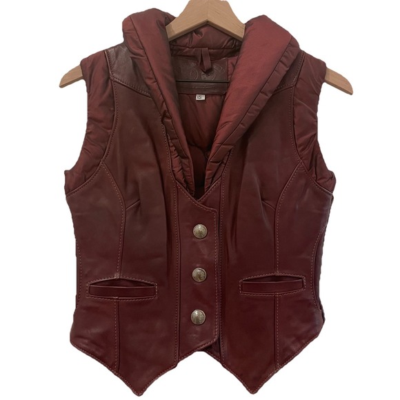 Jackets & Blazers - Vintage Western Leather Maroon Puffer Vest Women's XS Cowboy Ranch Boho 70's 80s